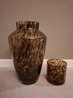 Glazen vaas & waxinelichthouder set met panterprint, Huis en Inrichting, Woonaccessoires | Vazen, Ophalen, Overige kleuren, Minder dan 50 cm