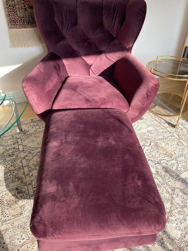 Arm chair incl. pouffe, velvet purple, Ophalen, Zo goed als nieuw, Eenpersoons, Minder dan 150 cm