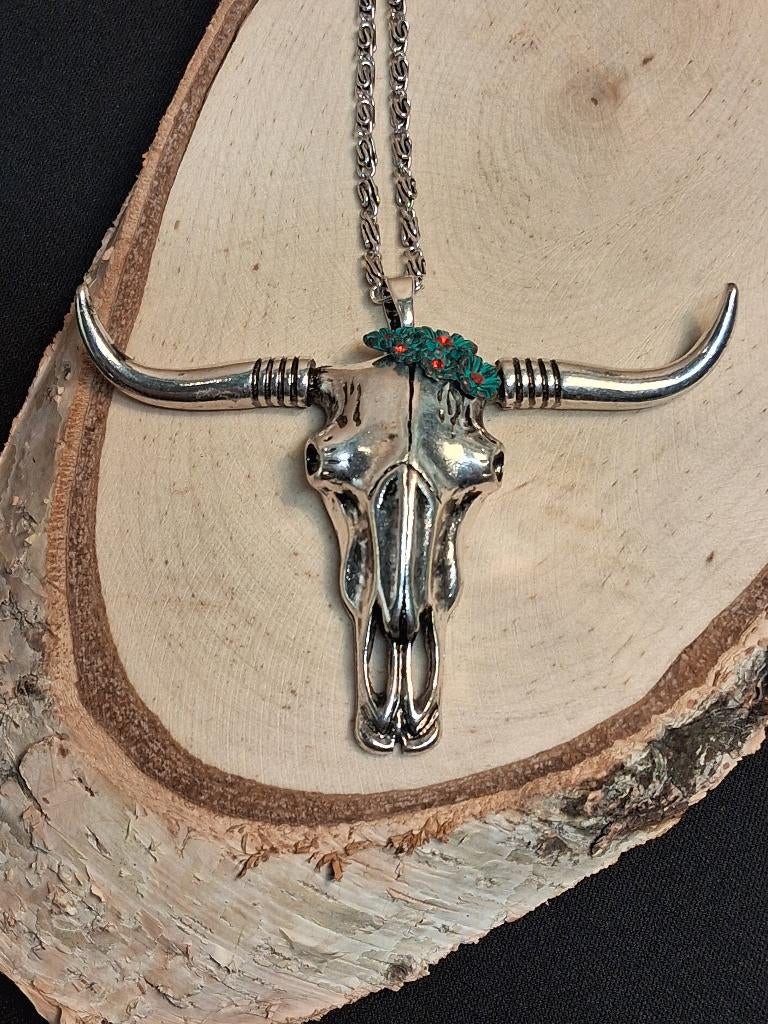 Grote hanger Longhorn Bull Skull turquoise bloemetjes, Ophalen of Verzenden, Nieuw, Zilver, Overige materialen