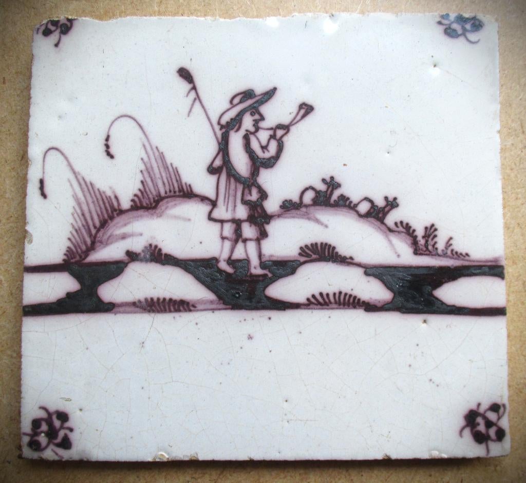 Jager Mangaan Tegel Antiek~Delftse wandtegel ca 1850, Ophalen of Verzenden