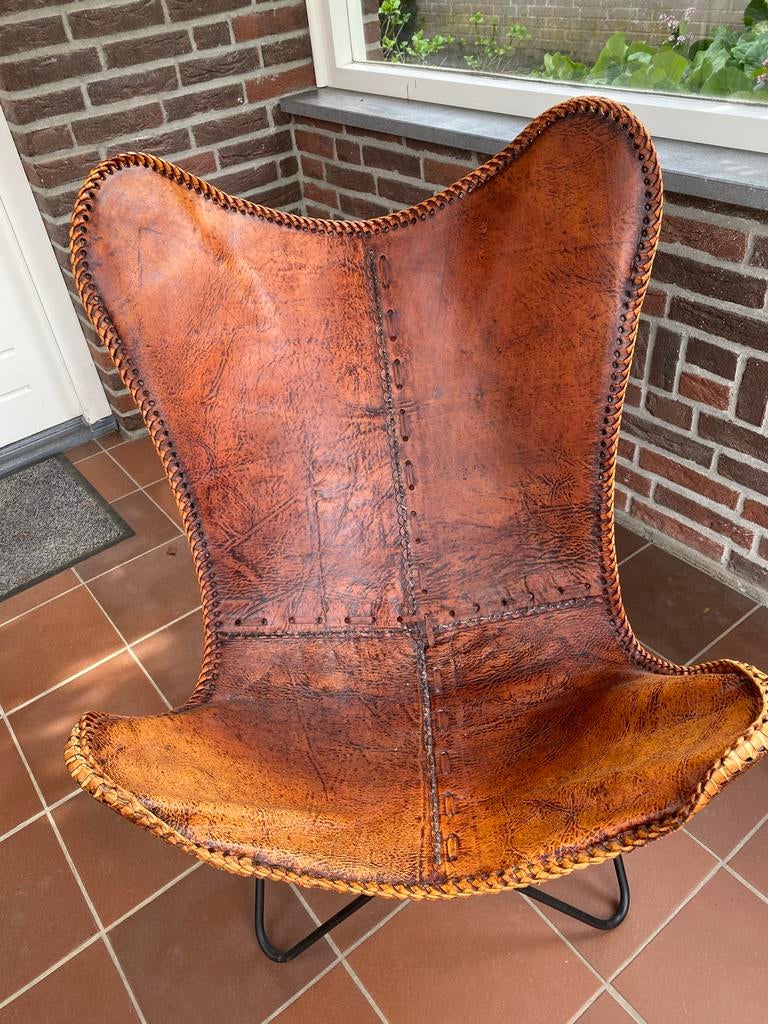 Vlinderstoel cognacbruin, Ophalen, Gebruikt, Bruin, Leer