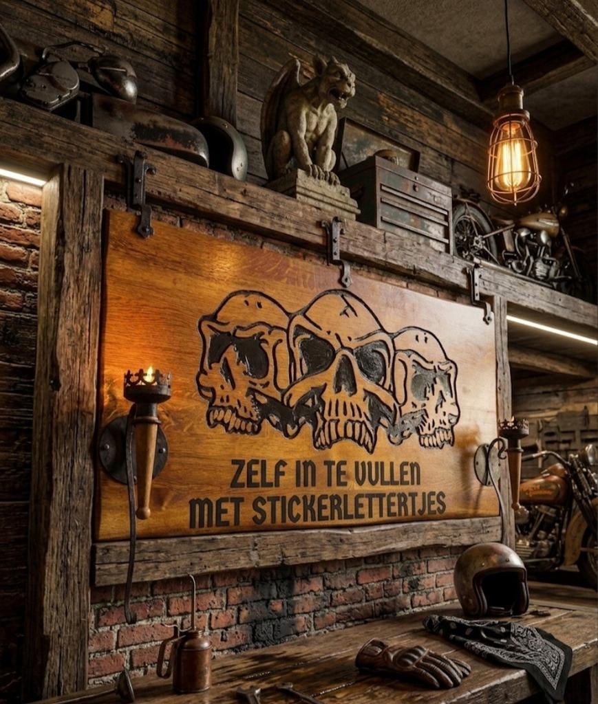 Massief houten wandbord mancave/clubhuis uniek duister, Ophalen of Verzenden, Nieuw, Hout