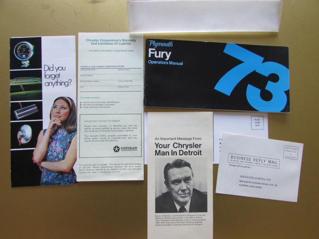 1973 Plymouth Fury owner's manual, Engels, Ophalen of Verzenden