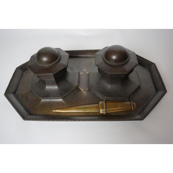 # Antiek inktstel met briefopener, brons, gesigneerd, Antiek en Kunst, Antiek | Kantoor en Zakelijk, Ophalen