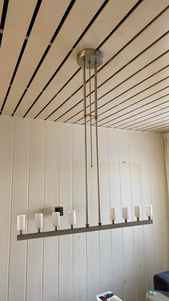 Te koop: RVS hanlamp met 8 glazen kapjes, Ophalen, Zo goed als nieuw, Glas, 75 cm of meer