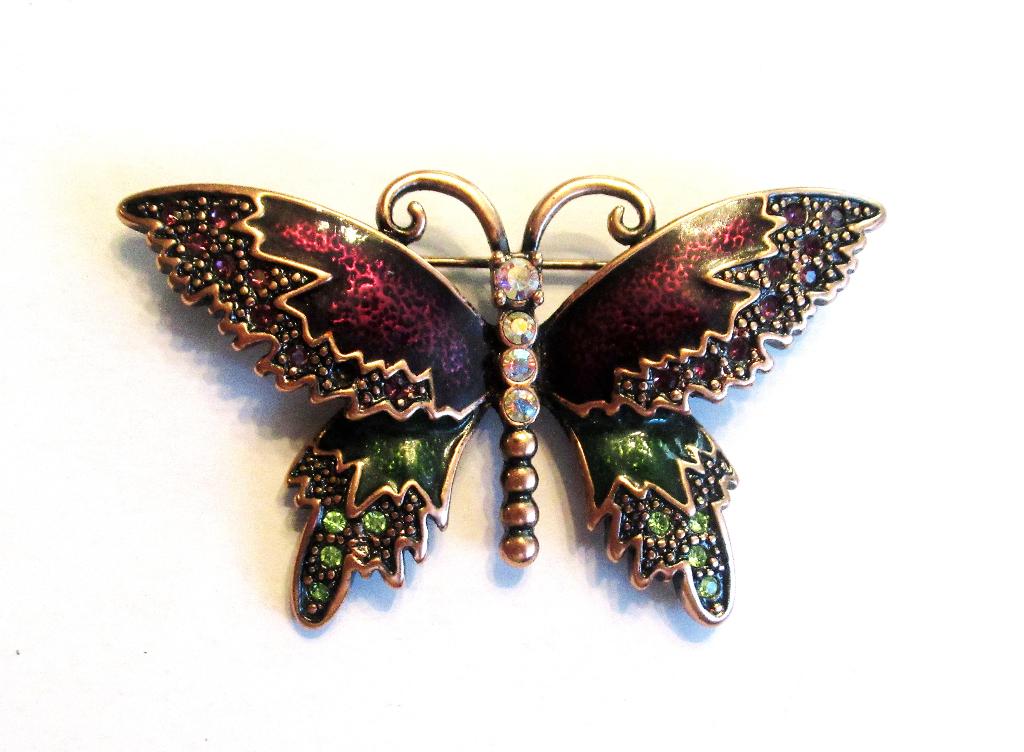 Leuke emaillen broche Vlindertje met kristallen., Ophalen of Verzenden, Zo goed als nieuw, Overige kleuren, Overige materialen