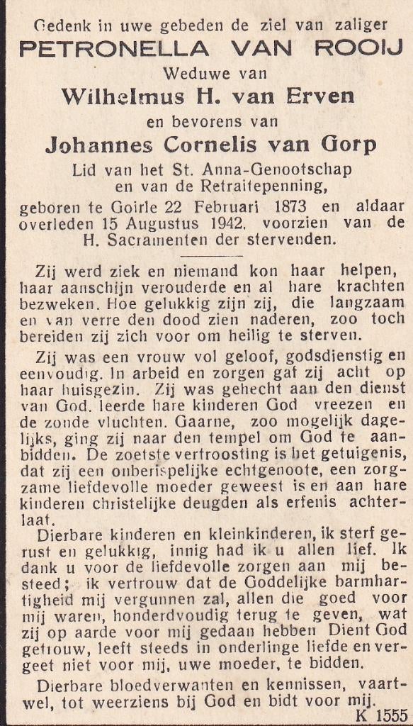 Rooij Petronella 1873 Goirle 1942, Ophalen of Verzenden, Bidprentje