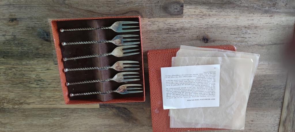 Set van 6 verzilverde vorkjes in originele doos, Ophalen of Verzenden