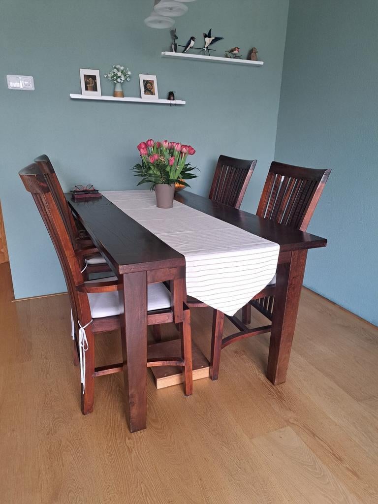 Koloniale eethoek met 2 verlengstukken en 6 stoelen, Ophalen, Gebruikt, Koloniaal, 4 tot 6 stoelen