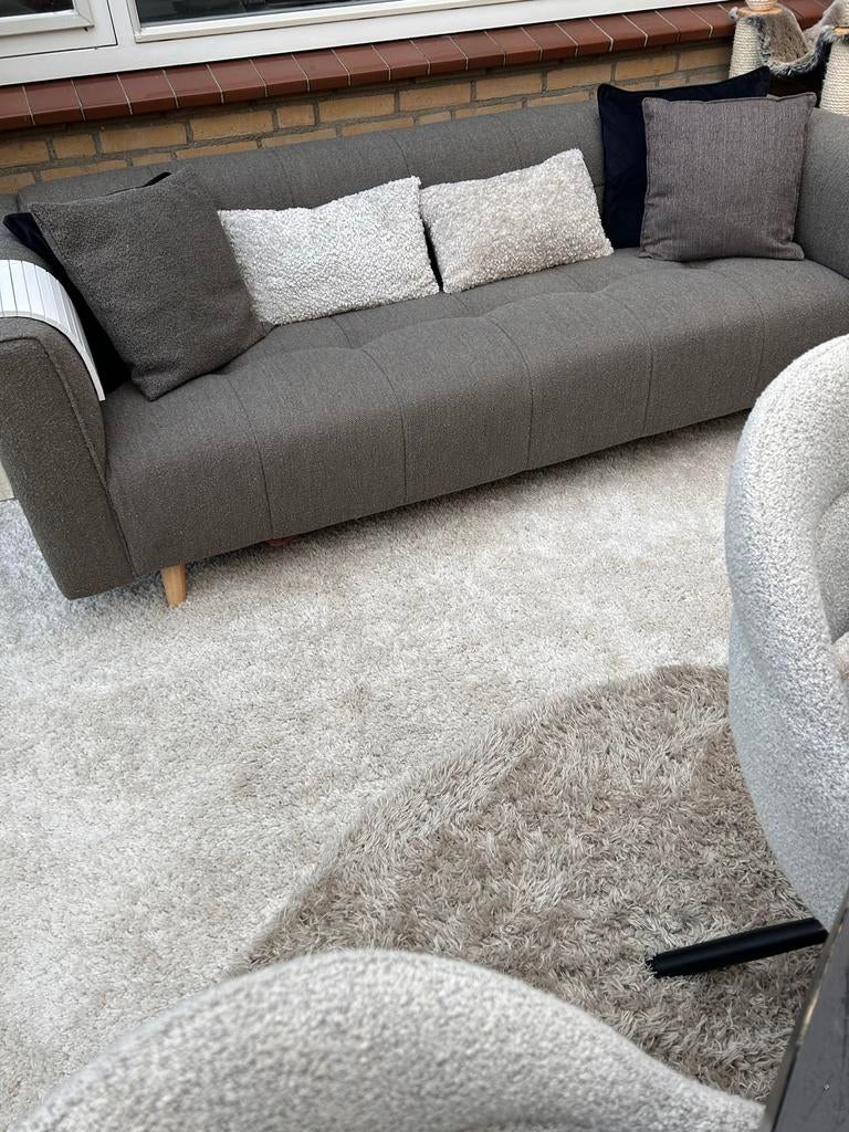 Comfortabele bruin/taupe bank met kussens, Ophalen, Gebruikt, Driepersoons, 75 tot 100 cm