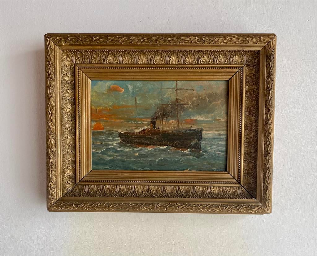 Schilderij schip bij ondergaande zon, Ophalen of Verzenden