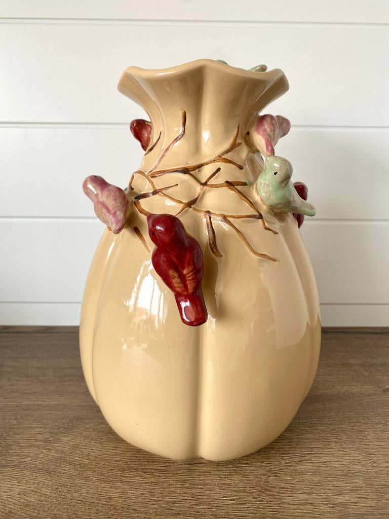 Daan Kromhout Crème Keramische Vaas met Vogels, Huis en Inrichting, Overige kleuren, Aardewerk of Porselein, Ophalen of Verzenden