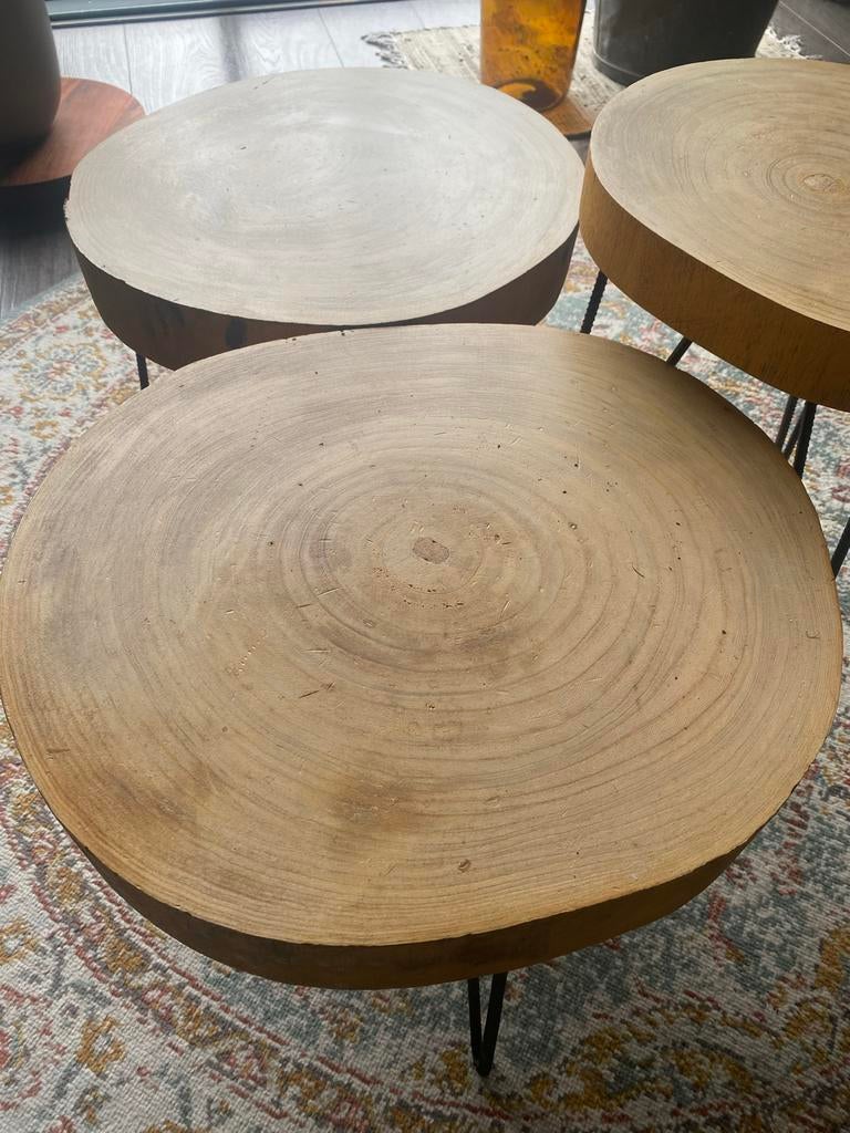 Set van 3 salontafels, boomstam design, Huis en Inrichting, Tafels | Salontafels, Ophalen, Gebruikt, Rond, Minder dan 50 cm