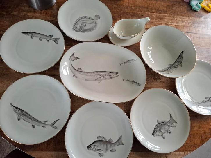Antiek Heinrich & Co Bavaria Visservies met Gouden Rand - 9-, Antiek en Kunst, Antiek | Servies compleet, Ophalen