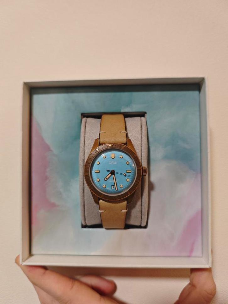 Oris Diver Sixty-Five Cotton Candy Bronze – Turquoise Dial, Sieraden, Tassen en Uiterlijk, Horloges | Heren, Gebruikt, Polshorloge