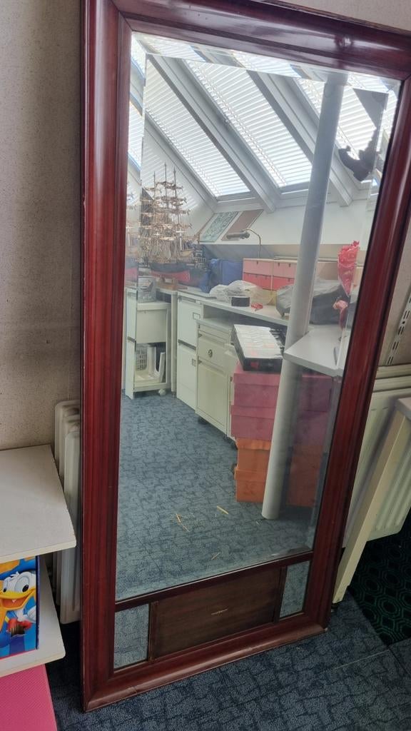 Oude Grote Spiegel met Houten Lijst, Antiek en Kunst, Antiek | Spiegels, Ophalen, Rechthoekig, 50 tot 100 cm, 150 tot 200 cm