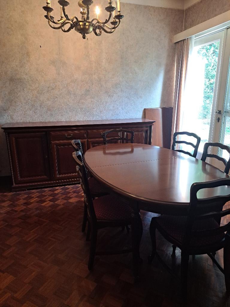 kerselaar eetkamer + 6 stoelen barkast, Ophalen, Zo goed als nieuw, Klassiek, 4 tot 6 stoelen