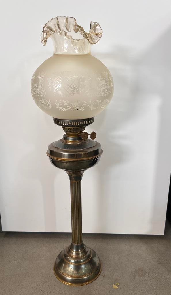 Antieke petroleum lamp messing compleet 70 cm met lont, Ophalen of Verzenden, Koper of Brons