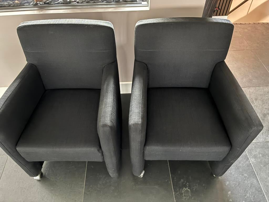 2 eetkamerstoelen van Design Dutch Danca ploegstof zwart, Gebruikt, Twee, Zwart, Ophalen of Verzenden