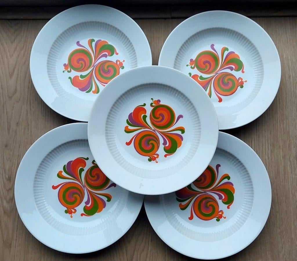 5 vintage retro Kaiser porseleinen borden oranje groen paars, Huis en Inrichting, Keuken | Servies, Overige materialen, Eu, Gebruikt