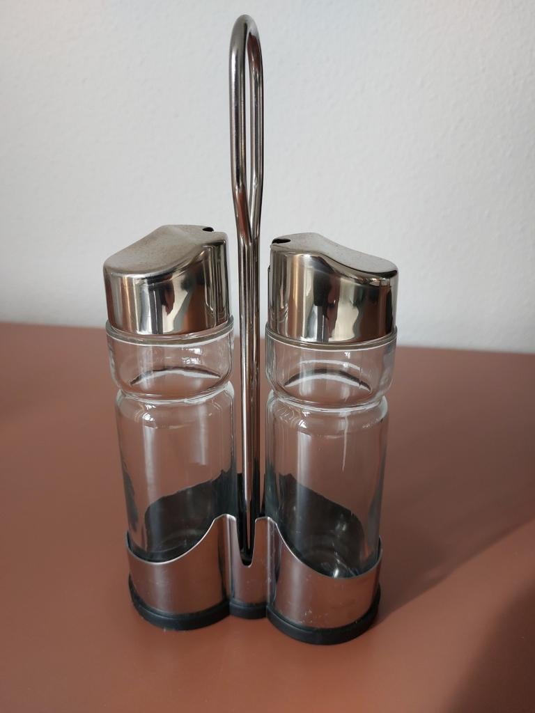 Olie en azijn stel - Glazen flesjes in metalen houder, Ophalen, Zilver, Glas, Overige typen