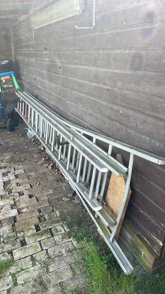 Grote aluminium ladder 3 x 14, Ophalen, Gebruikt, Ladder, Opvouwbaar of Inschuifbaar