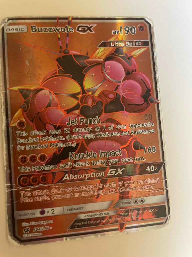 Pokémon kaart Buzzwole GX 104/111 Ultra Beast, Ophalen, Gebruikt, Losse kaart, Foil