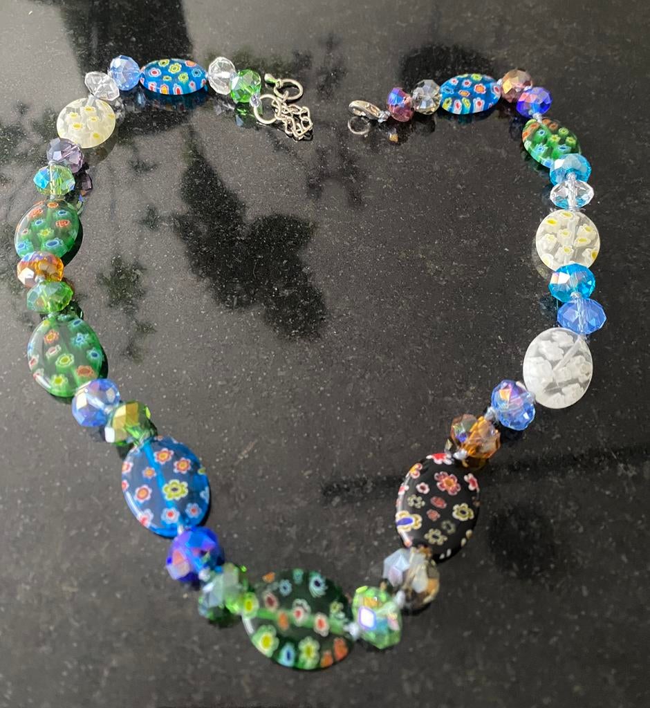 Vintage kristal & millefiori glazen kralenketting -46 cm, Ophalen of Verzenden, Zo goed als nieuw, Overige materialen