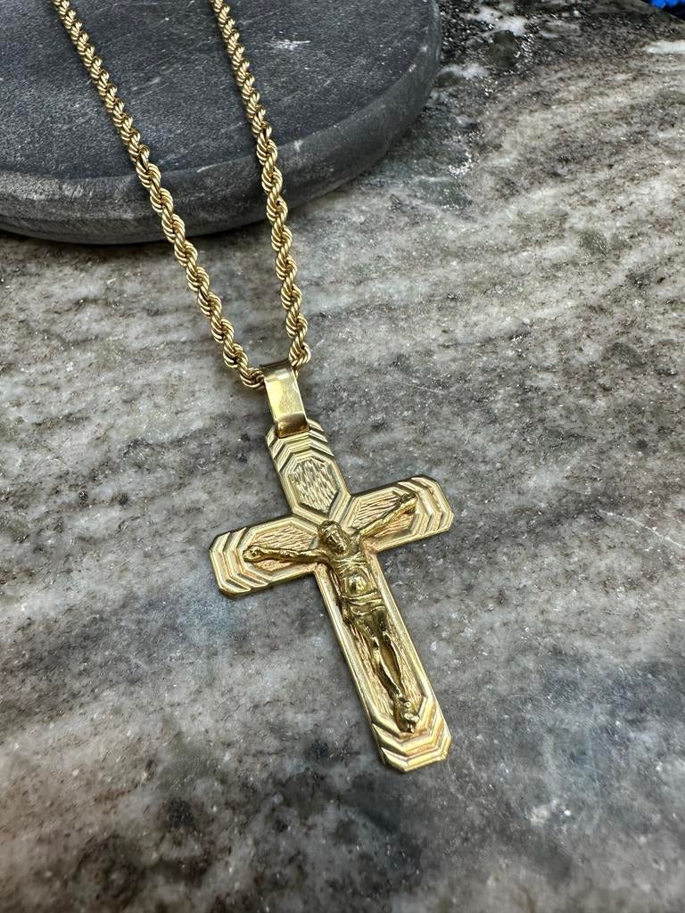 18k Gouden Rope Ketting met Kruis Hanger, Ophalen of Verzenden, Zo goed als nieuw, Goud, Met hanger