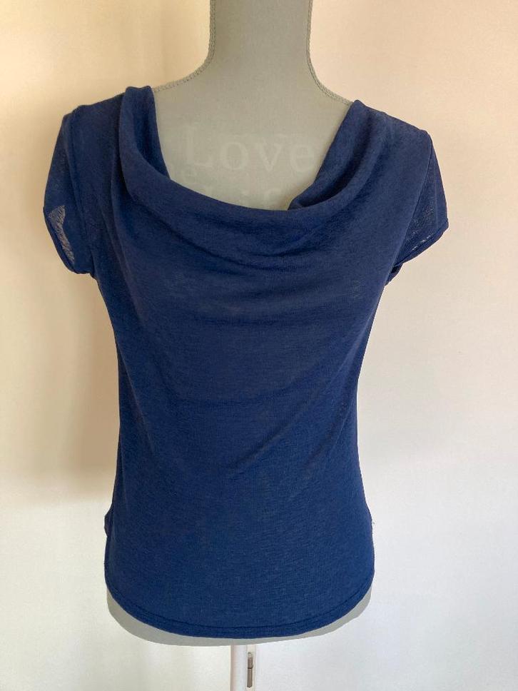 Donkerblauwe top met watervalhals - Robenton, Kleding | Dames, Tops, Gedragen, Maat 38/40 (M), Blauw, Korte mouw, Ophalen of Verzenden