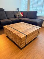 Houten industriële salontafel 100x100x35 met 4 wielen, Ophalen, Gebruikt, Vierkant, Minder dan 50 cm