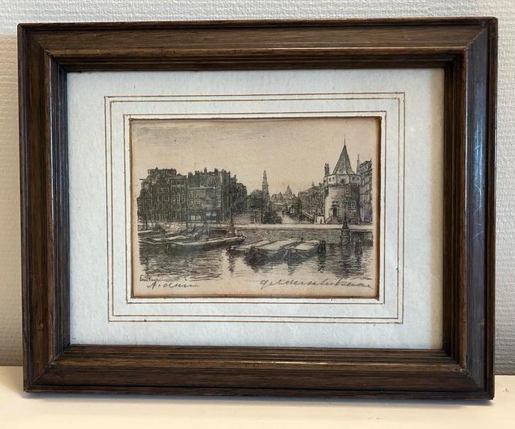 De Gelderse kade Amsterdam ingelijst, Antiek en Kunst, Kunst | Etsen en Gravures, Ophalen