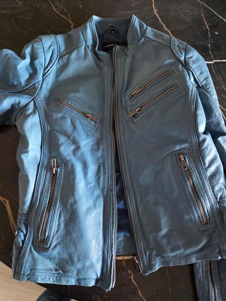 Leren jasje maat 38 grijs-blauw, Kleding | Dames, Jassen | Zomer, Zo goed als nieuw, Maat 38/40 (M), Blauw, Ophalen of Verzenden