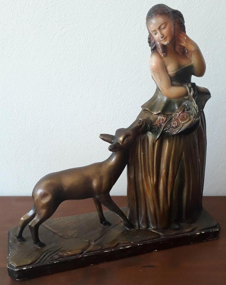 MOOI MEISJE MET BLOEMENMANDJE💐HERT🦌JUGENDSTIL>ART NOUVEAU, Antiek en Kunst, Kunst | Beelden en Houtsnijwerken, Ophalen