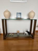 Glazen side table met messing rand en poten. 120cm x 40 cm, Huis en Inrichting, 100 tot 150 cm, Ophalen of Verzenden, Zo goed als nieuw