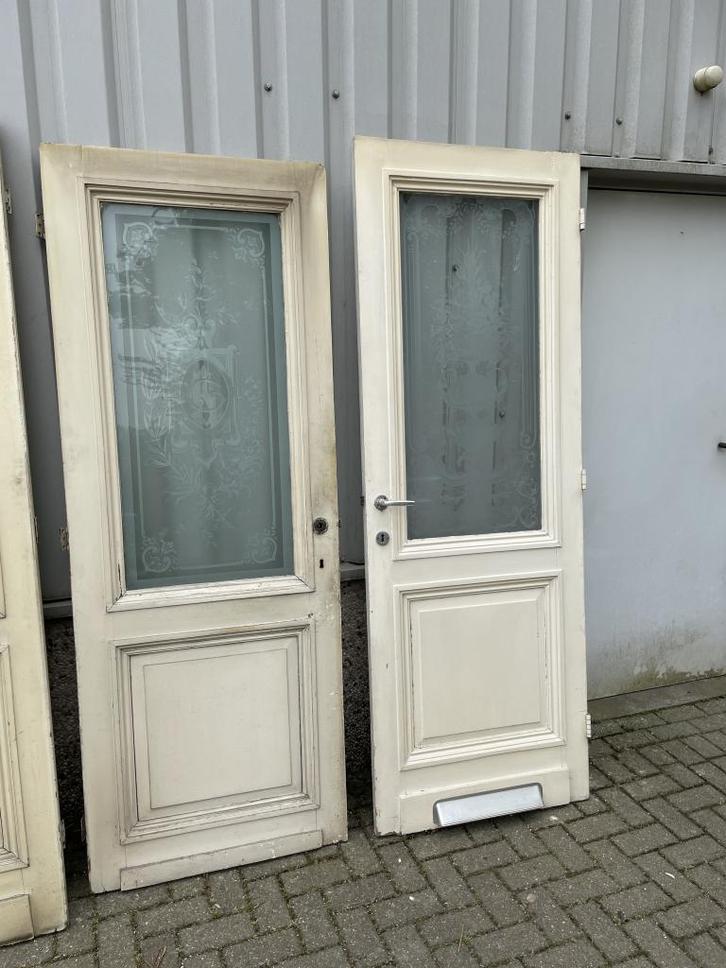 2 prachtige antieke paneeldeuren met geetst glas, Doe-het-zelf en Verbouw, Deuren en Horren, Zo goed als nieuw, Glas, Hout