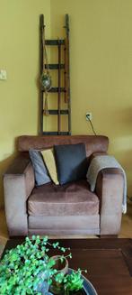 Grote lounge stoel, fauteuil , geruwd leder, dons gevuld, Ophalen, Gebruikt, Bruin, Leer