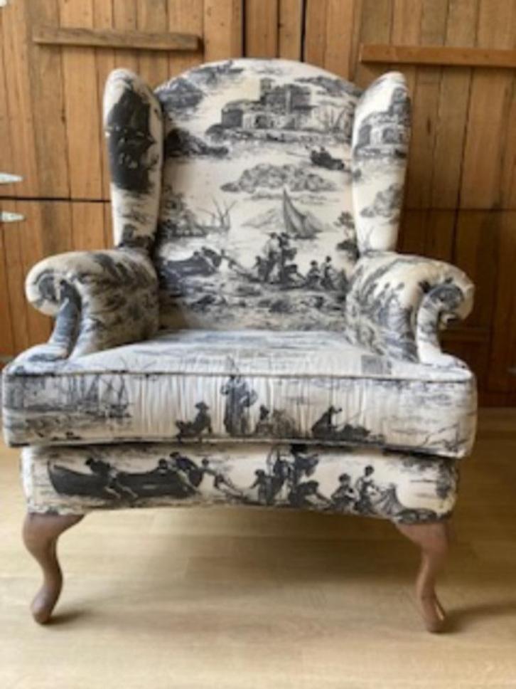 oorfauteuil, toile de jouy stof, Huis en Inrichting, Stoelen, Gebruikt, Eén, Hout, Stof, Overige kleuren, Ophalen