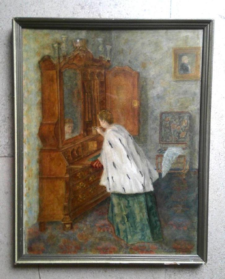 Kon. Wilhelmina voor de spiegel - Clasine Neuman 1851 - 1908, Antiek en Kunst, Kunst | Schilderijen | Klassiek, Ophalen of Verzenden