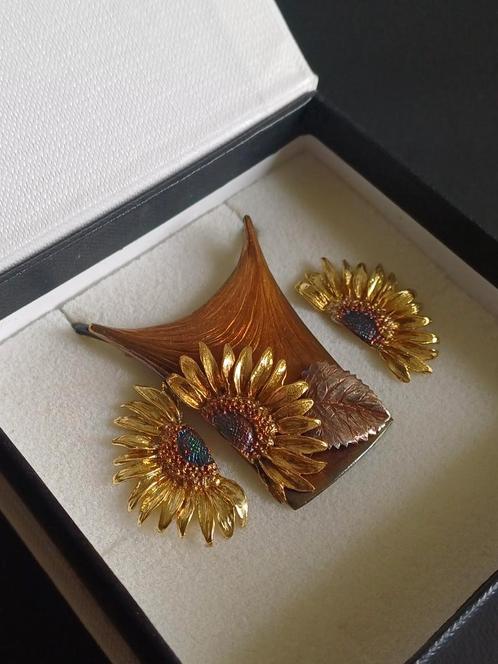 Zilveren Vergulde Zonnebloem Set - Ketting & Oorbellen, Sieraden, Tassen en Uiterlijk, Broches, Zo goed als nieuw, Zilver, Goud