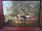 Schilderij herder met koeien en hond, Antiek en Kunst, Ophalen of Verzenden