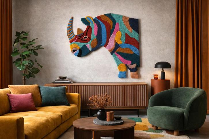 Uniek groot getuft wandkleed - kleurrijke neushoorn, Antiek en Kunst, Kunst | Schilderijen | Abstract, Ophalen
