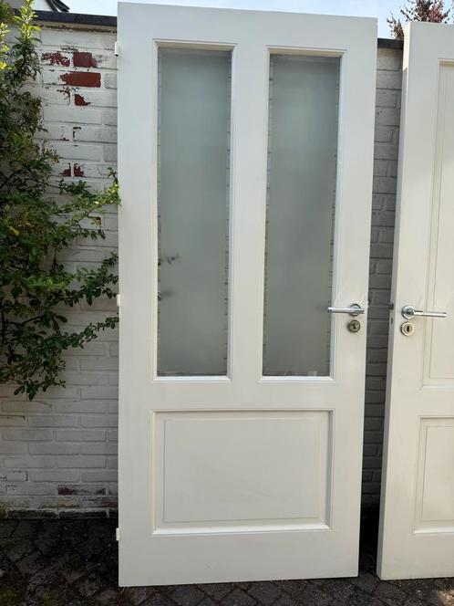 2 houten paneeldeuren met geslepen melkglas 92,5 x 2110, Doe-het-zelf en Verbouw, Deuren en Horren, Gebruikt, Binnendeur, 200 tot 215 cm