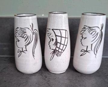 3 vintage vaasjes van Boonstra met meisjeshoofd zeldzaam beschikbaar voor biedingen