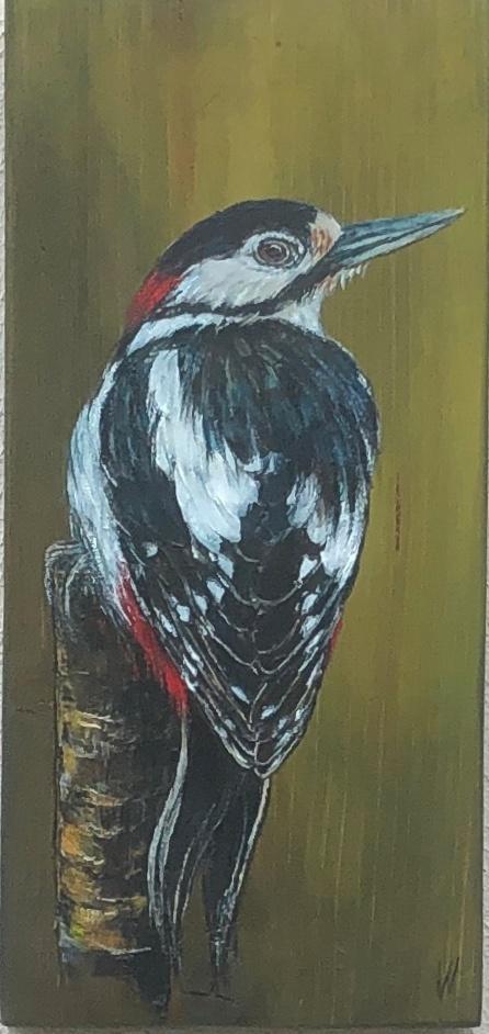 Schilderij bonte specht op gebruikt hout, Antiek en Kunst, Kunst | Schilderijen | Modern, Verzenden