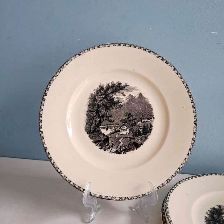 Société Ceramique 'Landschap', 3 ontbijtborden, Antiek en Kunst, Antiek | Servies los, Ophalen of Verzenden