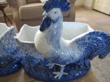  bloempottenkeramiek blauw/wit met kip/haan beschikbaar voor biedingen