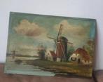 Oud schilderij op hout Hollands Landschap Molens H. LANDER, Antiek en Kunst, Ophalen
