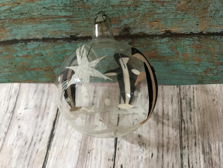 Antieke glas kerstbal - pinguins - doorzichtig / sneeuw, Diversen, Kerst, Gebruikt, Ophalen of Verzenden