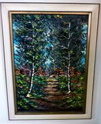 Mid Century Modern Bos Landschap Schilderij in Lijst 84x64CM, Ophalen of Verzenden